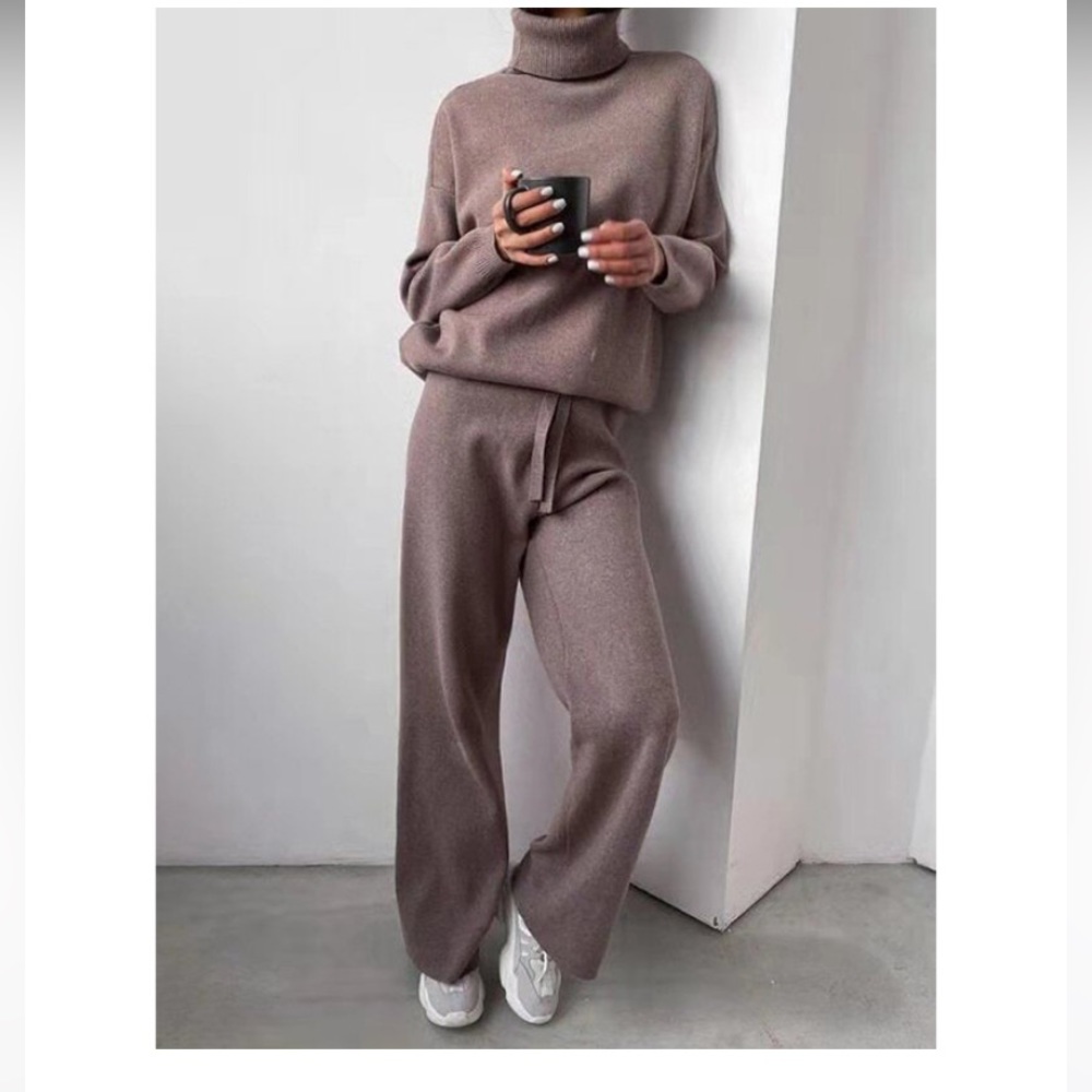 Turtleneck Solid Color Sweater Knit Set